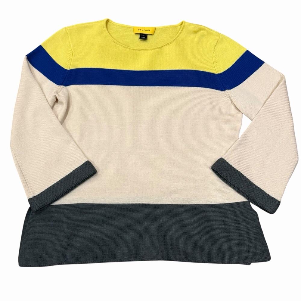 St. John Yellow Label Wool Honeycomb Color Block Yellow Gray Blue & Tan Sweater